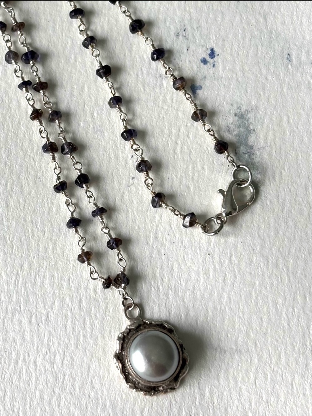 Rosary Style Chain Necklace with Silver Pearl Pendant